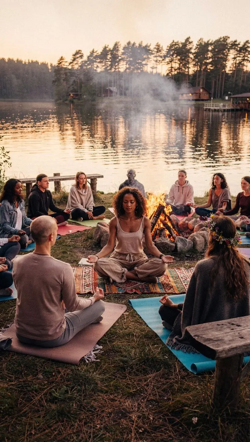 Grupa osób wykonujących asany jogi w parku, otoczona zielenią, promieniująca harmonią i wewnętrznym spokojem.