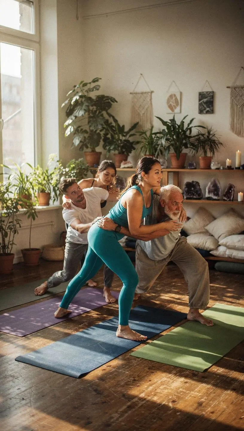 Kobieta praktykująca jogę na macie, koncentrująca się na oddechu i ruchu ciała w spokojnym otoczeniu.