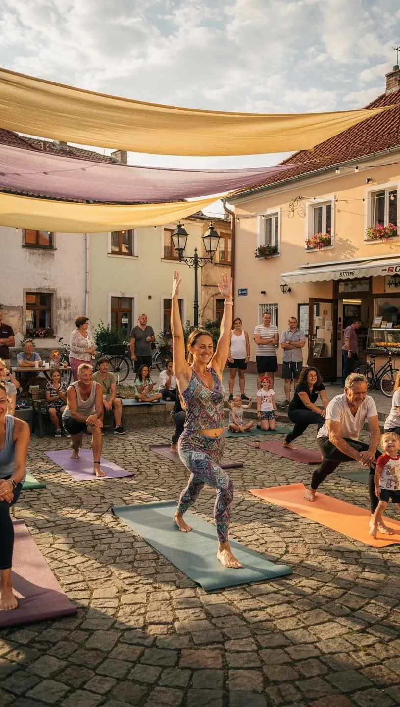 Grupa osób praktykujących jogę w parku, łączących ruch z medytacją.