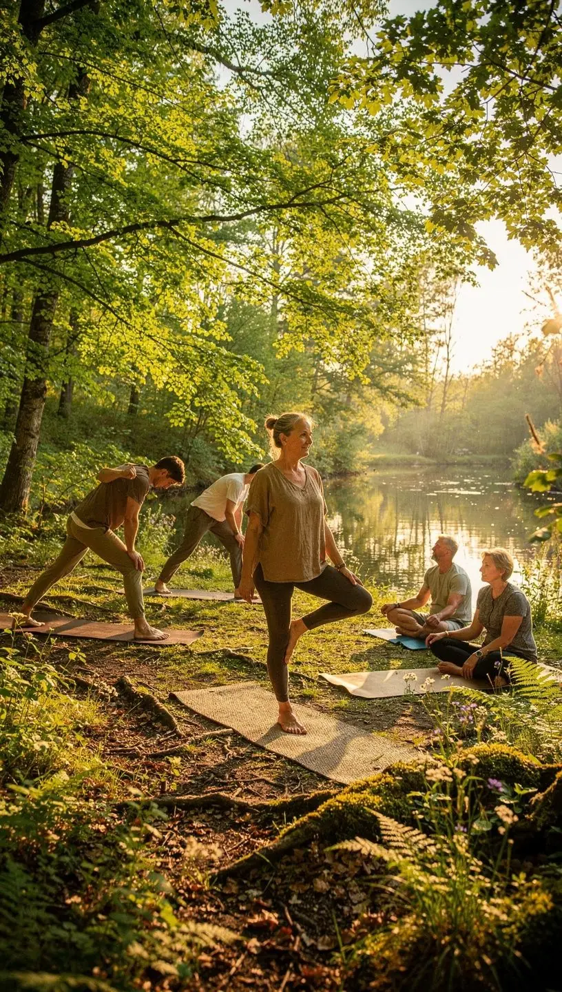 Nauczyciel jogi prowadzący zajęcia, zachęcający uczestników do uważności w ruchu.
