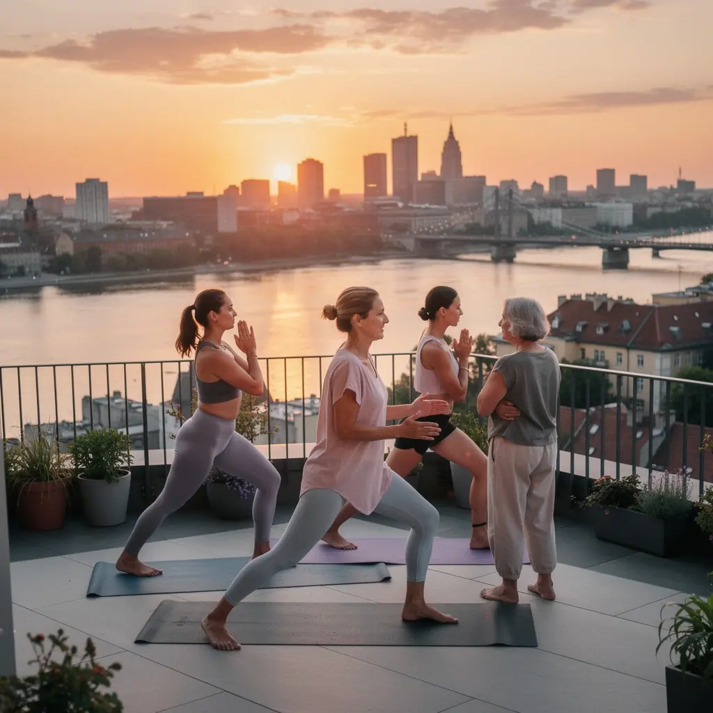 Grupa osób praktykujących jogę w parku, łączących ruch z medytacją.