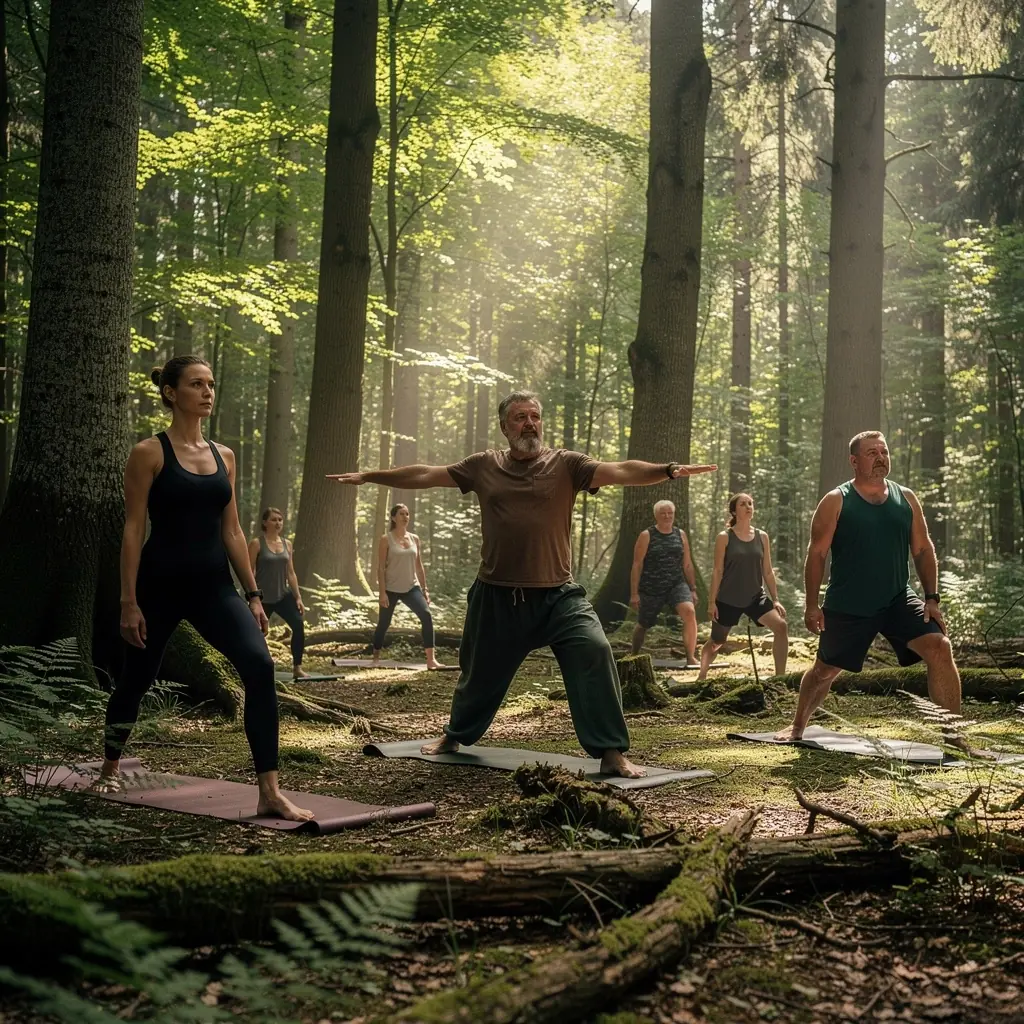 Grupa osób praktykujących jogę w parku, łączących ruch z medytacją.