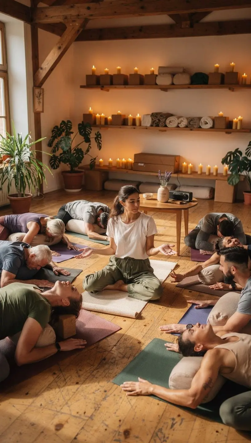 Grupa osób praktykujących jogę w parku, łączących ruch z medytacją.