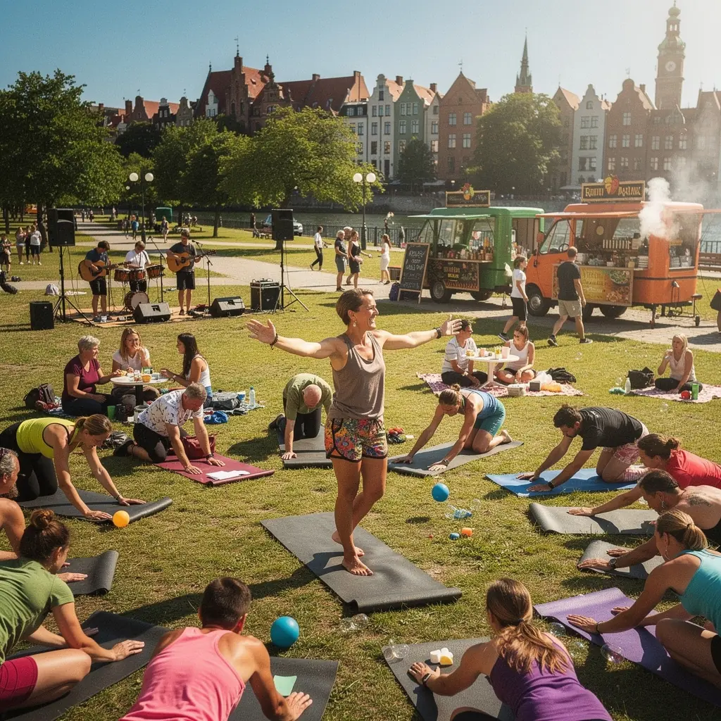 Grupa osób praktykujących jogę w parku, łączących ruch z medytacją.